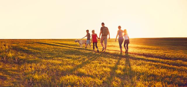 family walking in field with dog